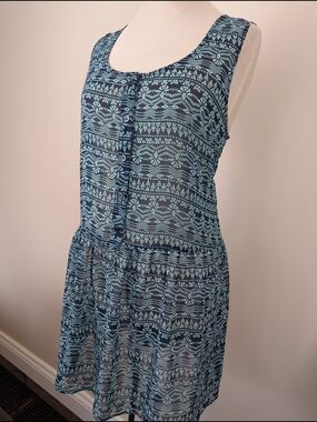 Forever 21 Y2K Navy and Teal Sheer Sleeveless Tribal Print Dress Women's L